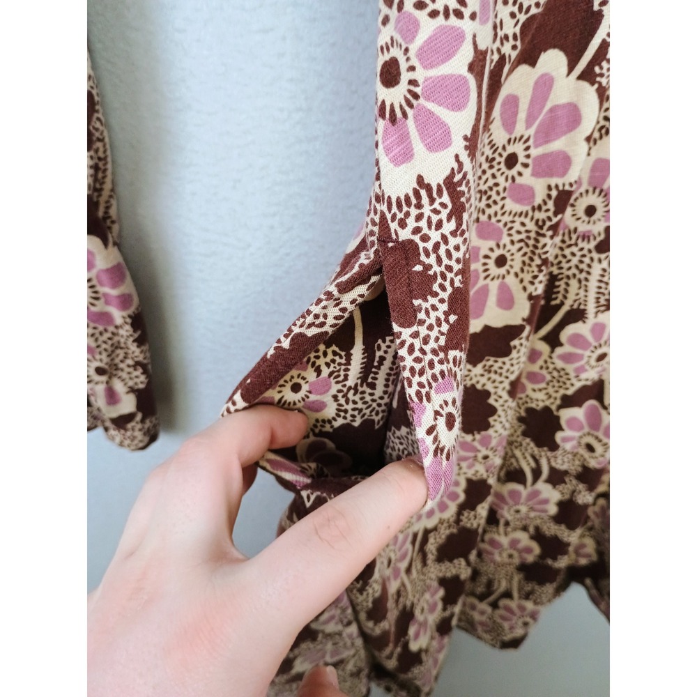 Boho Cottagecore Toad&Co Women Medium Brown Floral Long Sleeve Wrap Pocket Dress - Picture 5 of 11